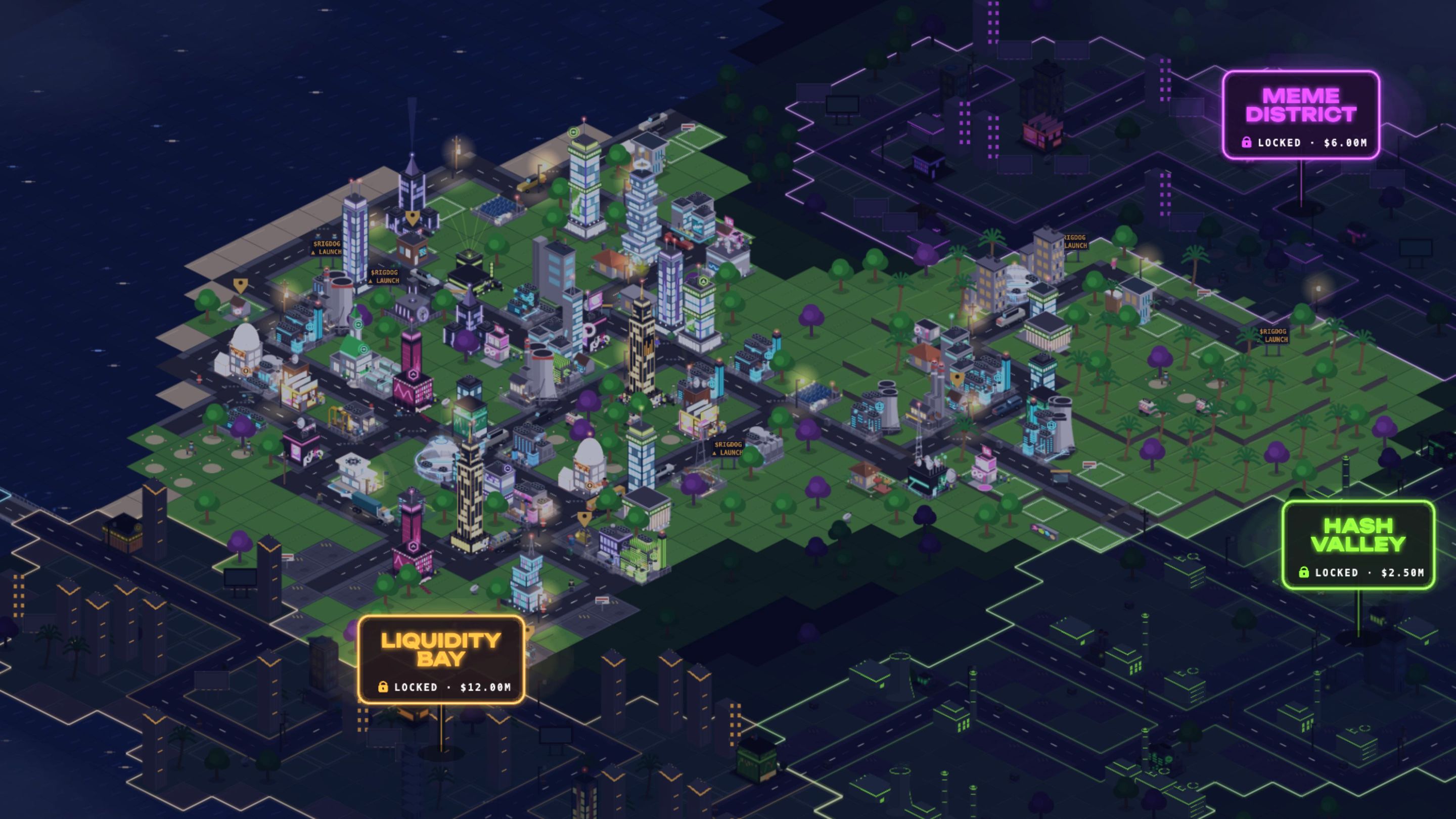 Bag City at night: mining warehouses, token towers and neon billboards in Degen Heights, with locked districts fogged in the distance