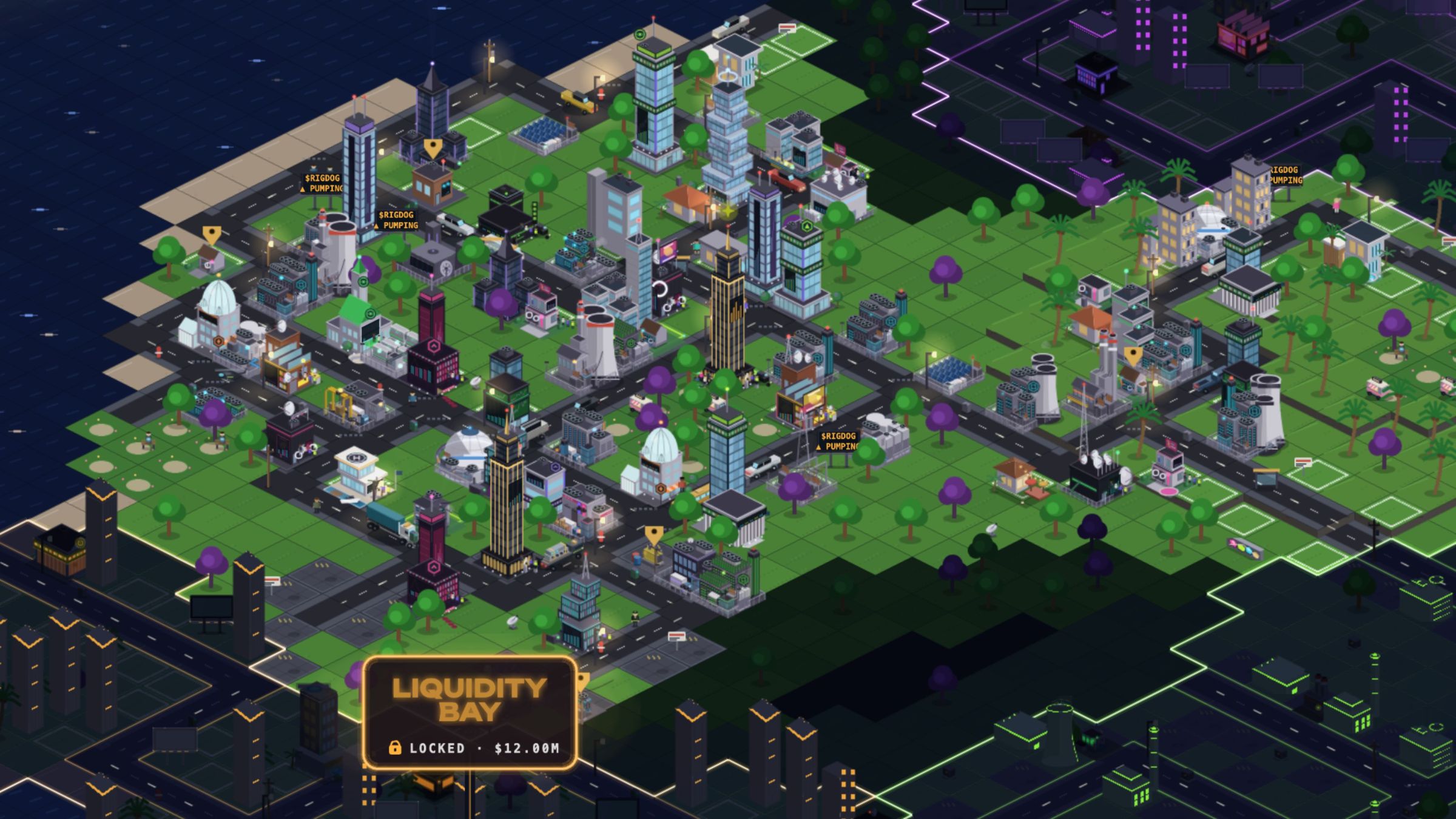In-game view of Degen Heights: mining warehouses, a meme lab, server facilities, an energy plant, the token tower, and a fogged locked district